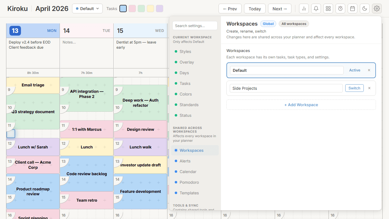 Kiroku workspace switcher showing multiple workspaces for separating work and personal schedules