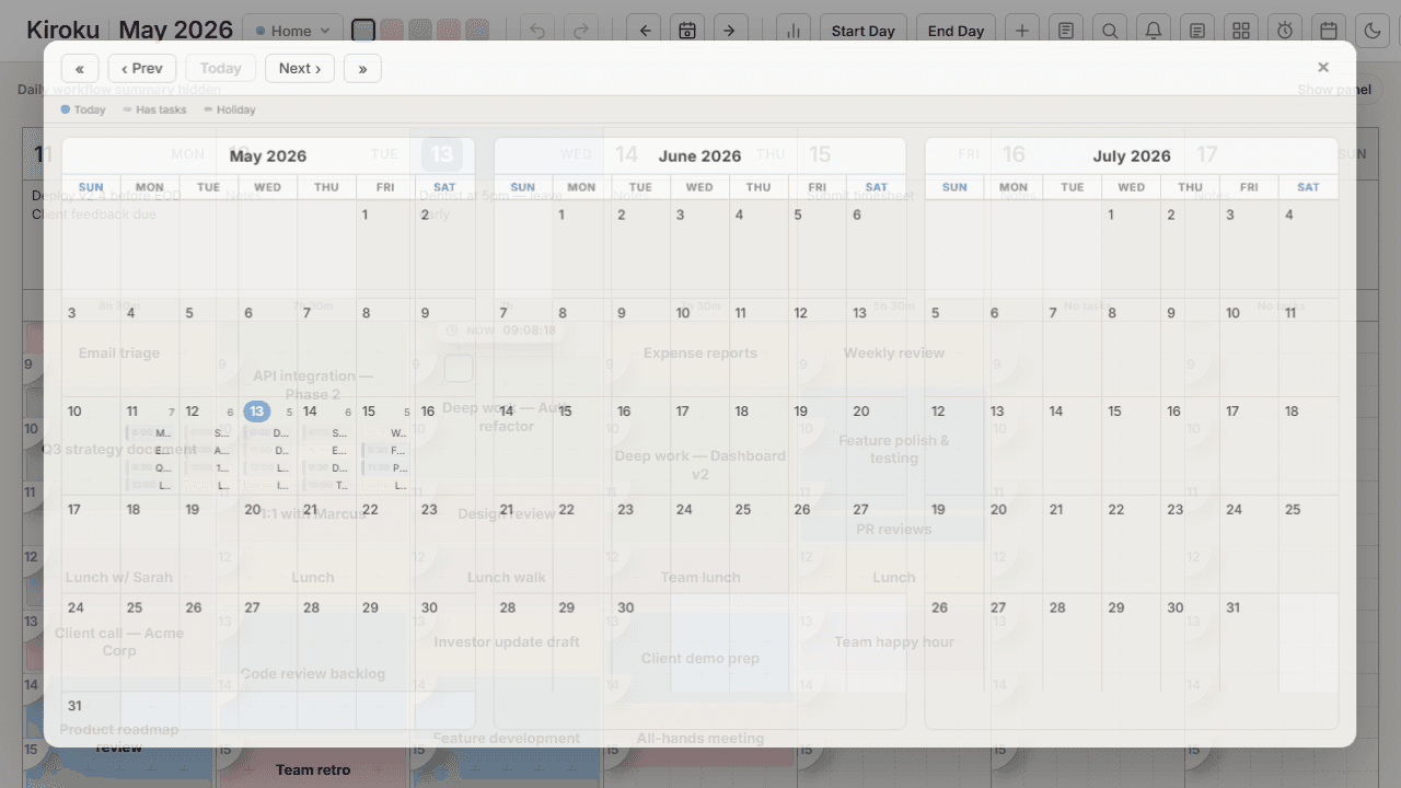 Kiroku calendar popup showing a three-month view for quick date navigation